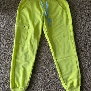 Figs High waisted Neon Yellow/green Jogger Pants with Blue Drawstring